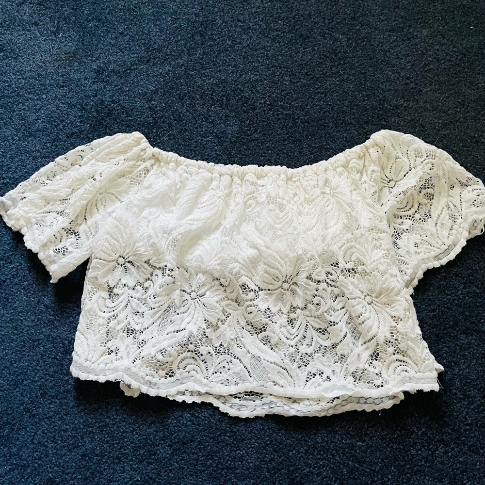 White lace off the shoulder crop top
